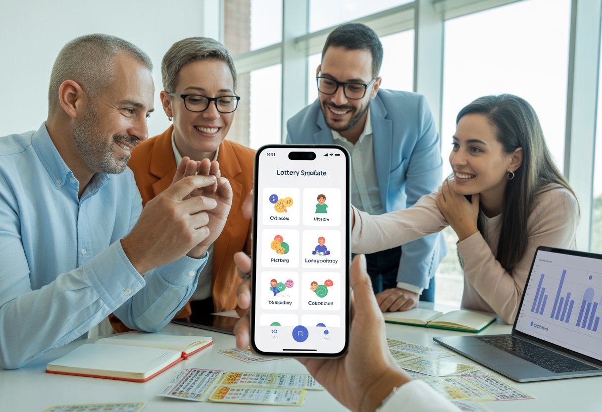 Four adults gathered around a smartphone in an office, smiling and discussing a lottery syndicate app while looking at lottery tickets and a laptop.