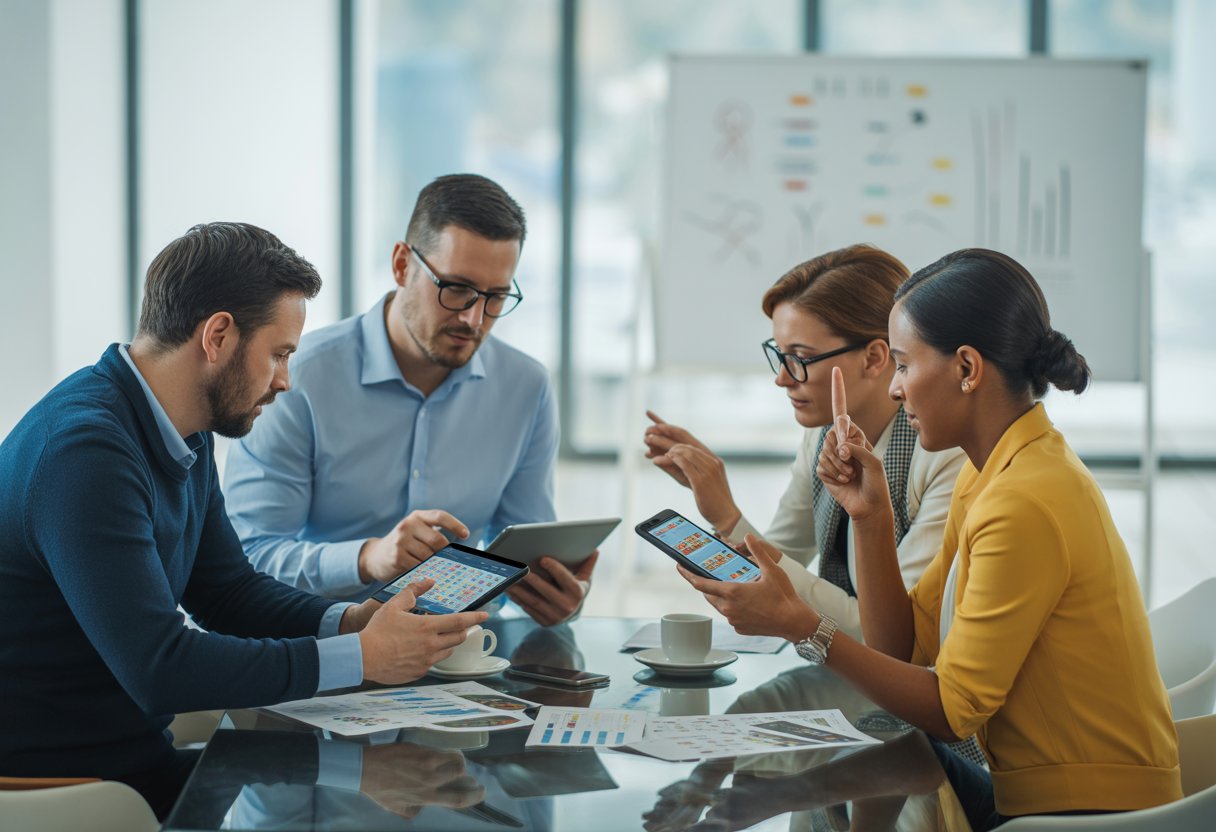 Four adults gathered around a glass table in an office, reviewing lottery syndicate apps on tablets and smartphones.