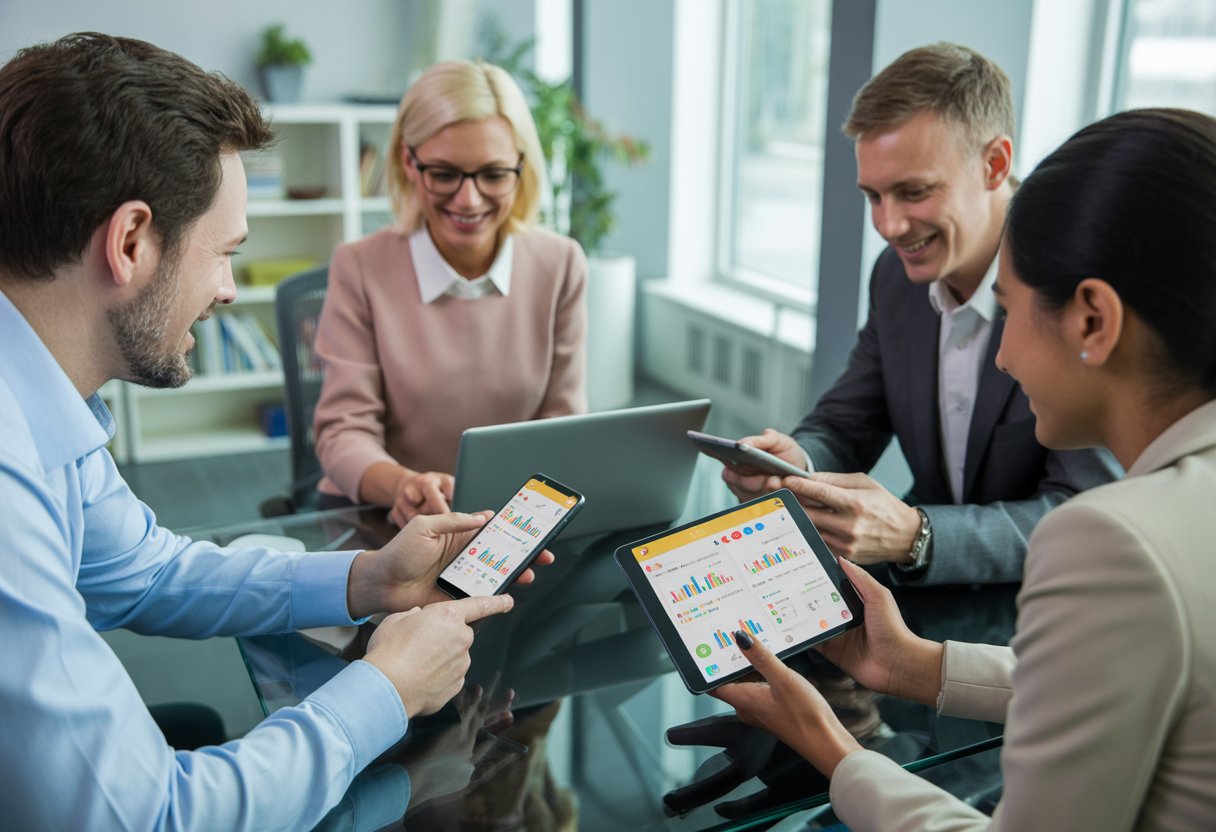 Four adults sitting around a glass table in an office, looking at smartphones and tablets displaying lottery app interfaces.